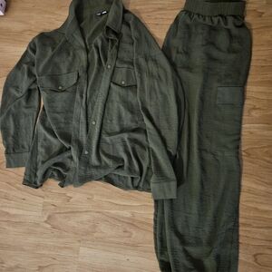 Fashion Nova Forest Green Relaxed Shirt and Pants Set